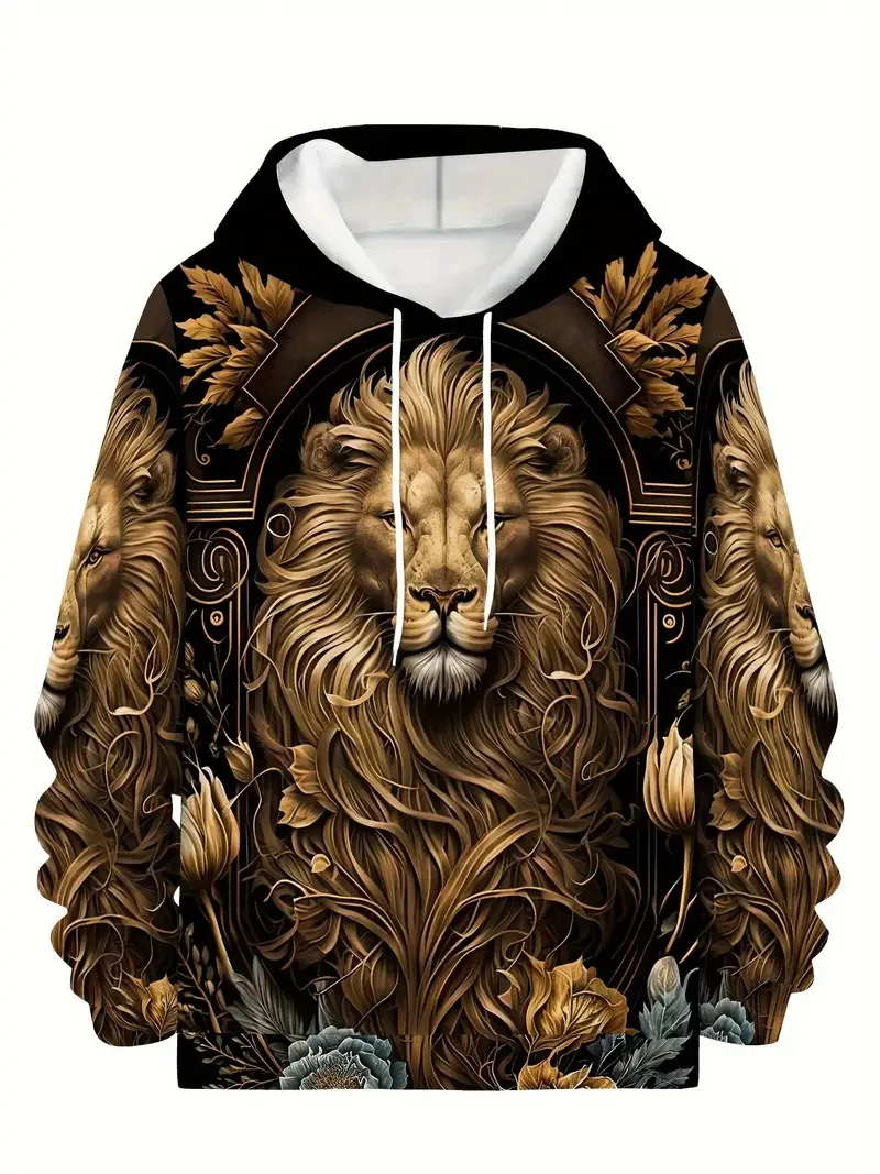 A neutral 3D digital lion print hoodie with pockets - casual style, hooded polyester sweatshirt, slightly elastic, fitted animal