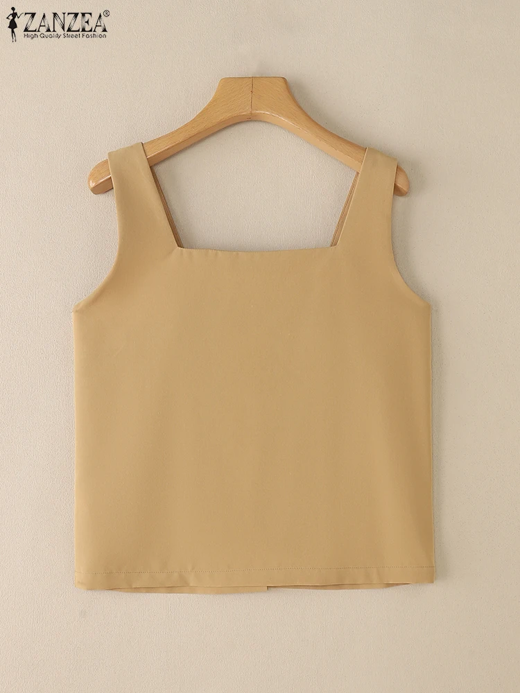 ZANZEA-Chalecos de verano para ir al trabajo, Tops, ropa de día, camisola con botones a la moda, cuello cuadrado, sin mangas, camisetas sin mangas informales lisas, 2025