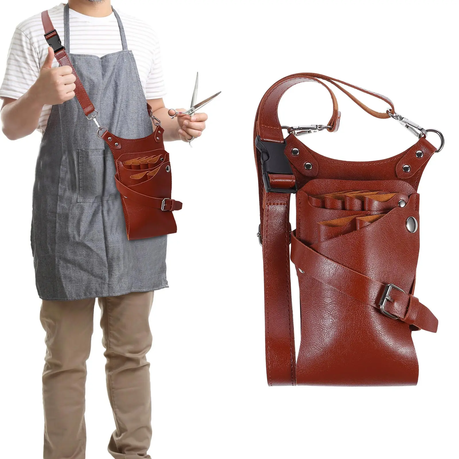 

Hairdressing Scissors Bag Brown Pu Barber Fanny Pack Waist Pouch Compact Lightweight Portable Storage Salon Tools Combs Scissors