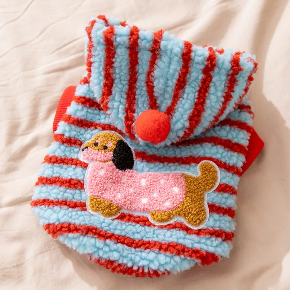 

Cute Cartoon Pattern Striped Dog Hoodie Warm Thickened Pet Hooded Jacket Wind Proof with Ball Winter Dog Clothes Outdoor