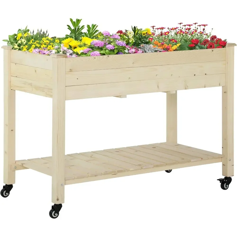 Elevated Wooden Garden Bed, 47 x 22 x 33, with Lockable Wheels, Storage Shelf, and Bed Liner for Patio or Backyard, Natural