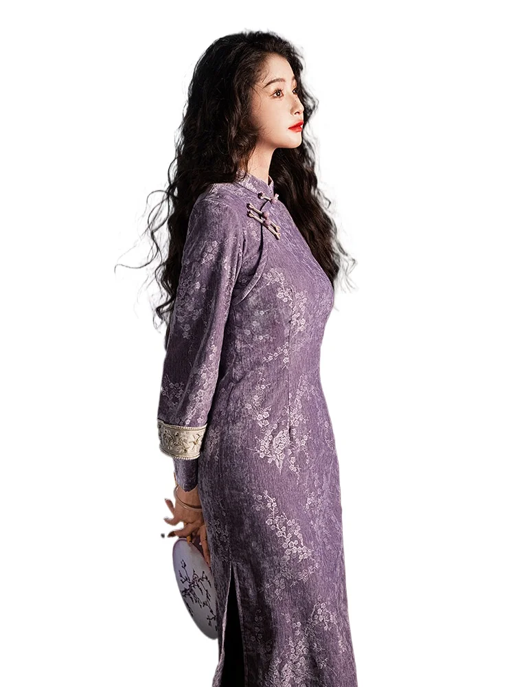 Long Sleeved Republic Of China Miss Cheongsam New Improvement Chinese Style Girl Retro Purple Autumn Winter Mid Length Skirt