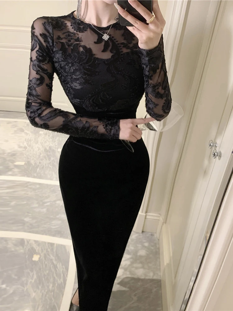 Vrouwen Kleding Elegante Banket Jurk Dames Franse Sexy Sheer Lace Mesh Splice Bodycon Gewaad Vrouwelijke Avondfeest Vestidos Herfst