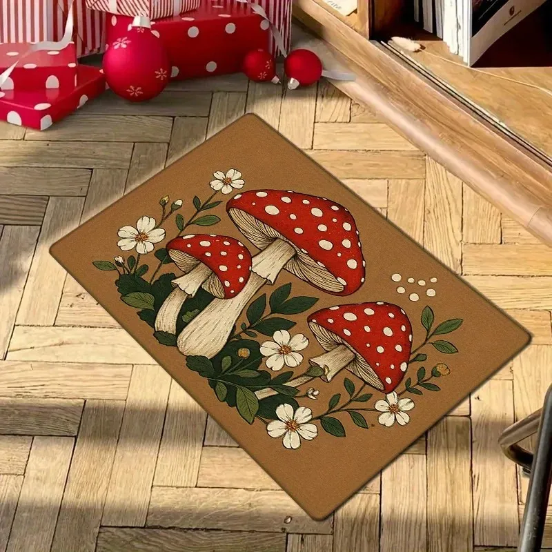 Mushroom Themed Door Mat Natural Hand-Painted Style Thick Polyester Fiber Entryway Floor Mat