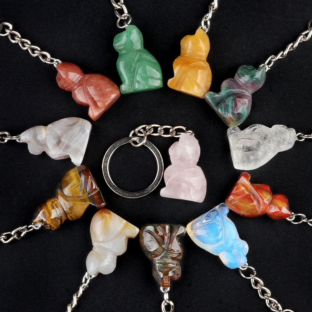 

18x27mm Cat Shaped Crystal Keychains Natural Semi-precious Stone With Stainless Steel Chains 11 Colors For Choices Whosale