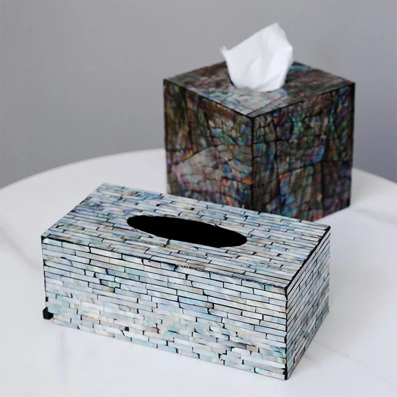 

Creative Home Restaurant Square Color Shell Napkin Storage Art Shell Decoration Tissue Box Luxury Wooden Rectangular Pumping Box