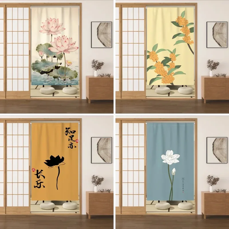 VIKAMA Chinese-Style Warm Curtain Lotus And Osmanthus Floral Print Tea Room Decor Home Door Curtain Room Divider