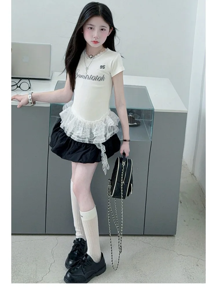 Summer Girl White Lace Patchwork Sweet Short-sleeved Black Culottes Two-piece Set  Children's Korean Style Personalized Clothing
