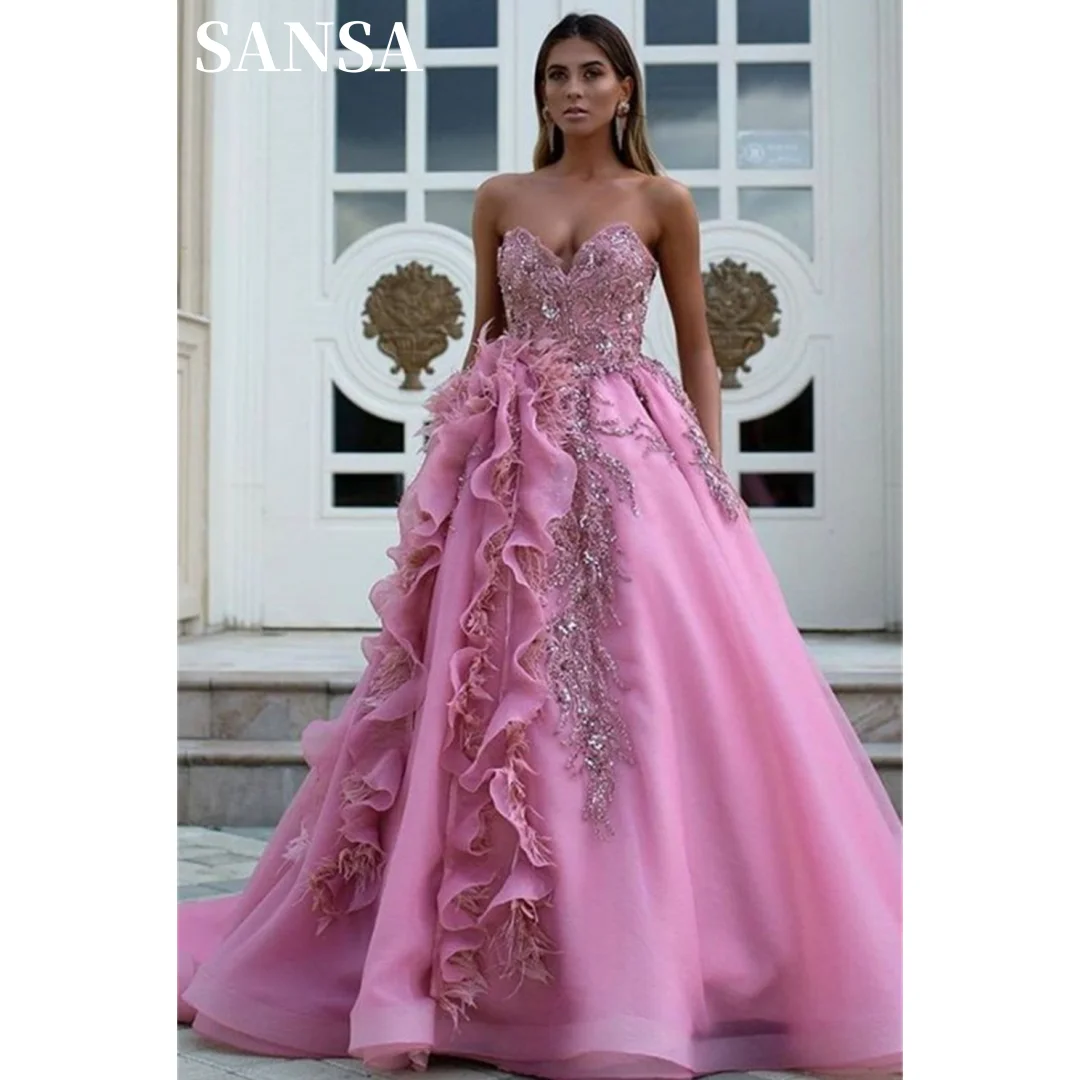 Sansa Pink Gliiter Embroid فساتين السهرة Sequins Ball Gown Prom Dress Elegant Strapless Sweep Train Vestidos De Noche