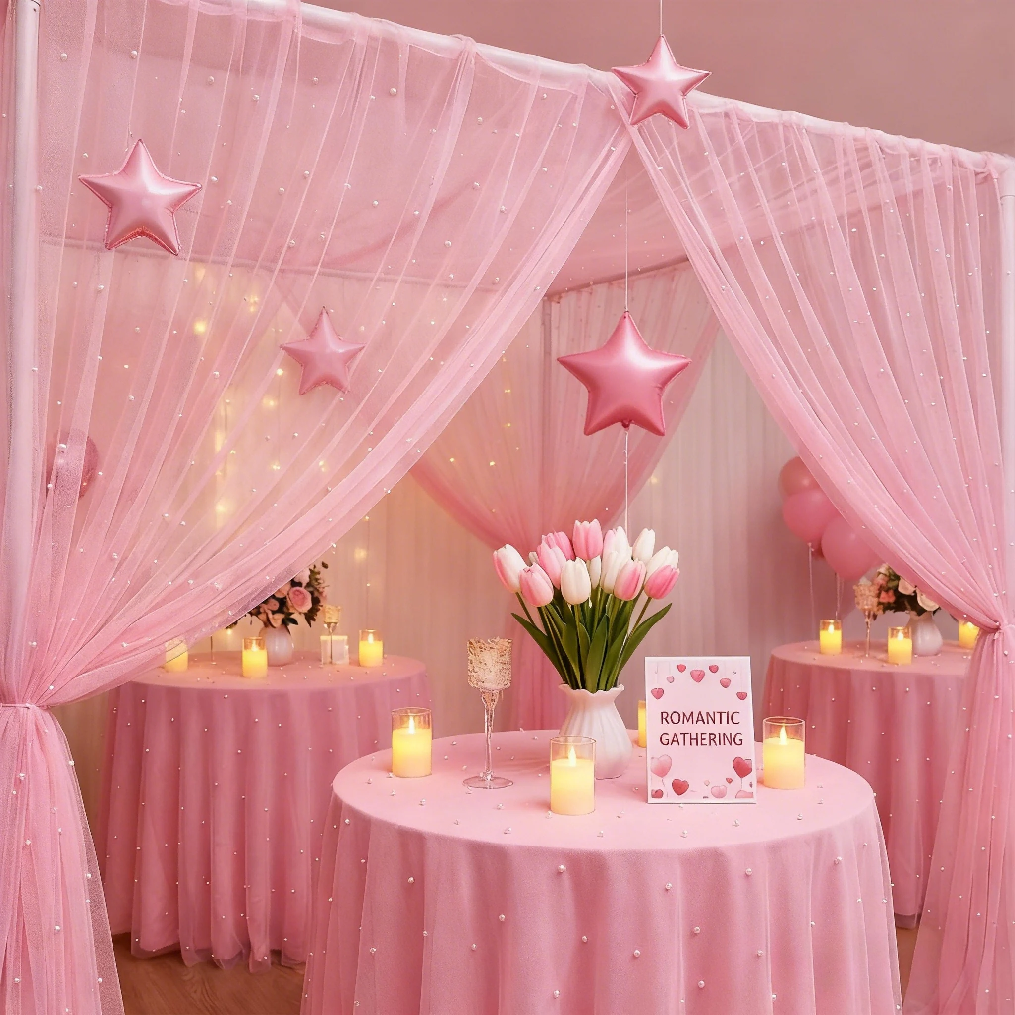1 Stück, 5,24 Fuß lange, an einer Stange montierte rosa Perlentüll-Drapierung, geeignet für Hochzeitsbögen, Cyclorama-Hintergründe, Weihnachten und Valentinstag – Detail 1