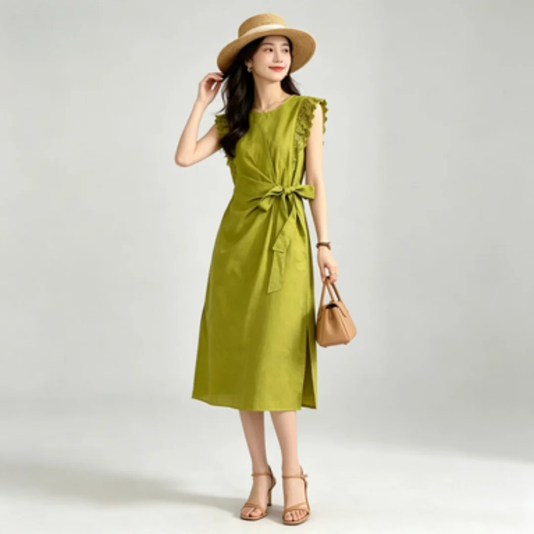 Women Lace Sleeveless Dress Waist Bow Split Midi Dress