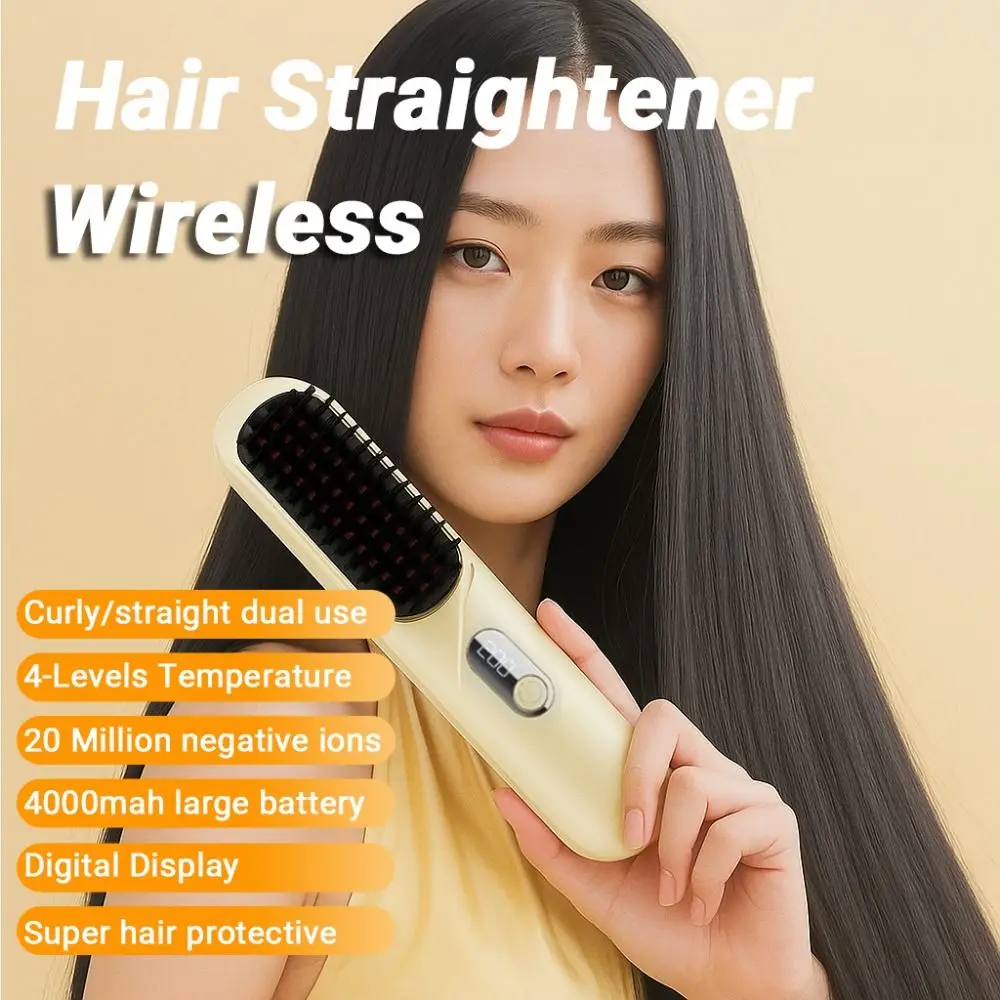 

Wireless Hair Straightener Brush 4000mah Digital Display Electric Straightening Comb Curly/straight Hair Dual Use Anti-Scald