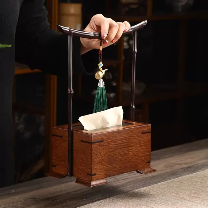Handmade Bamboo Tissue Box with Handle, Chinese Style Portable Drawstring Organizer for Living Room, Natural Home Decor Storage