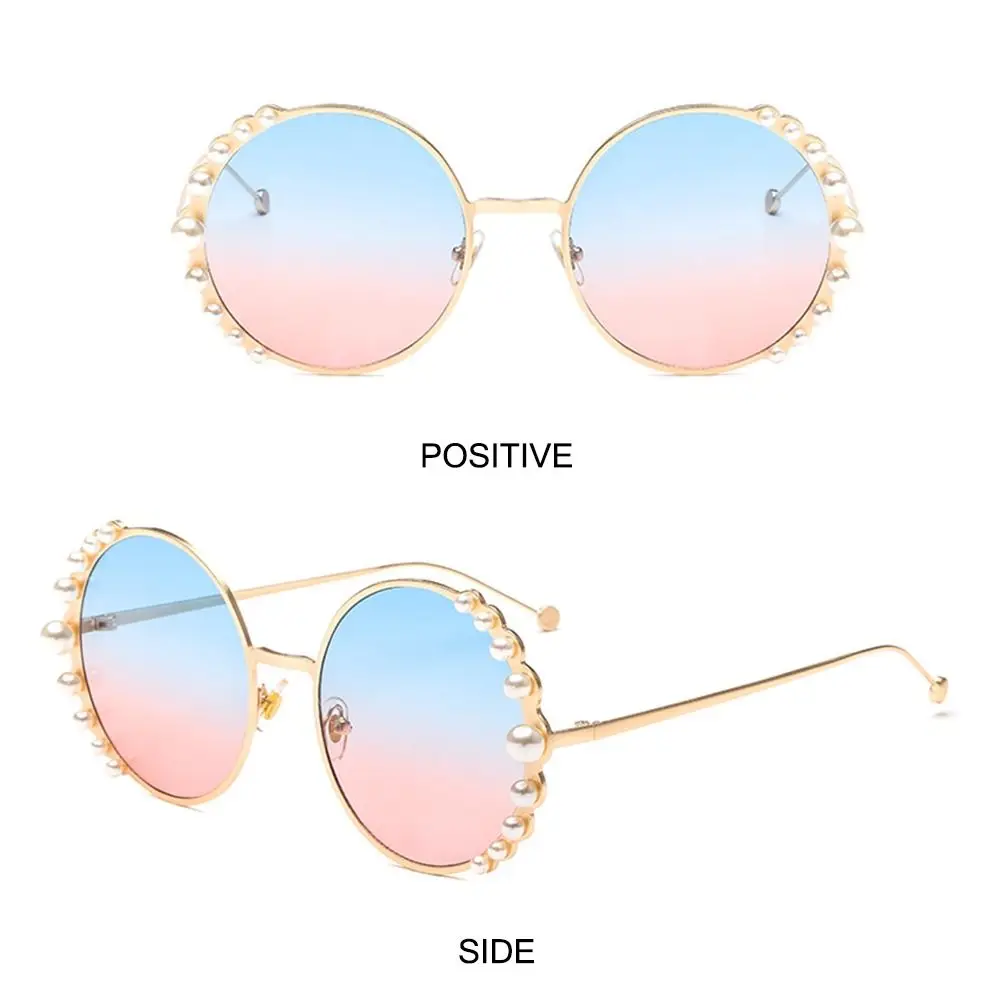 Fashion Round Frame Sunglasses for Women Pearl Design Gradient Lens Shades Vintage Metal Frame Sun Glasses UV Protection Glasses