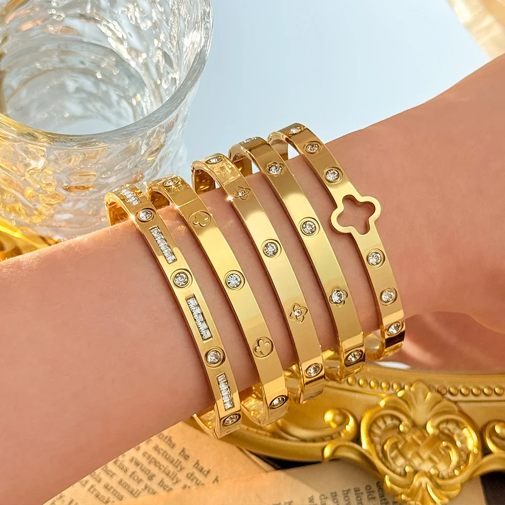 سوار ذهبي مرصع بالألماس من الفولاذ المقاوم للصدأ، سوار مجوف بأربع أوراق البرسيم، سوار ذهبي للسيدات من الفولاذ المقاوم للصدأ