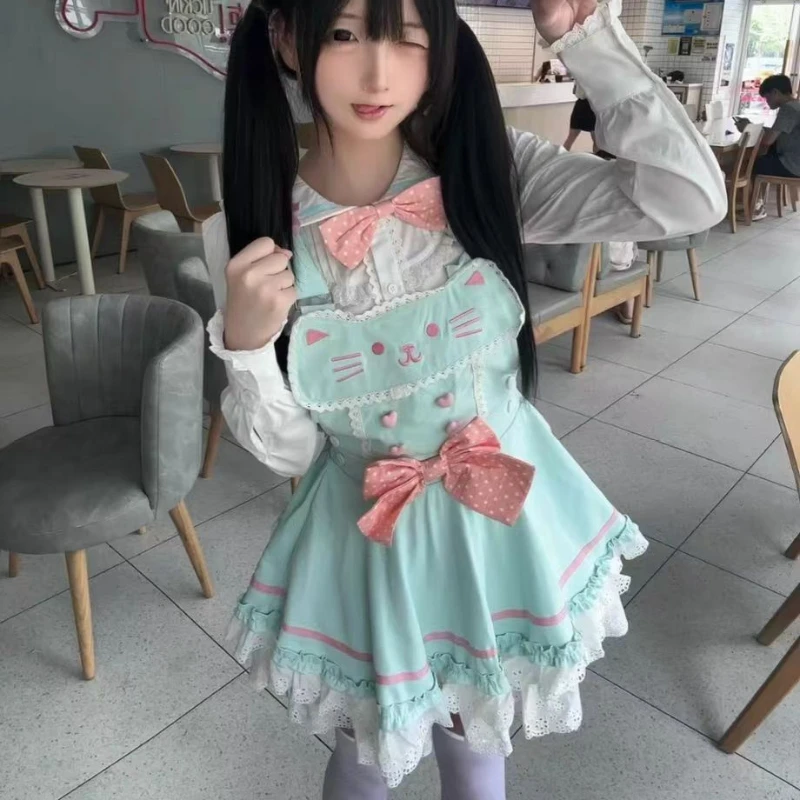 

Kawaii Cute Lolita Style Skirt Sets Women Sweet Peter Pan Collar White Blouses Cat Bow Suspender Skirts Suits Y2k Korean Outfitn
