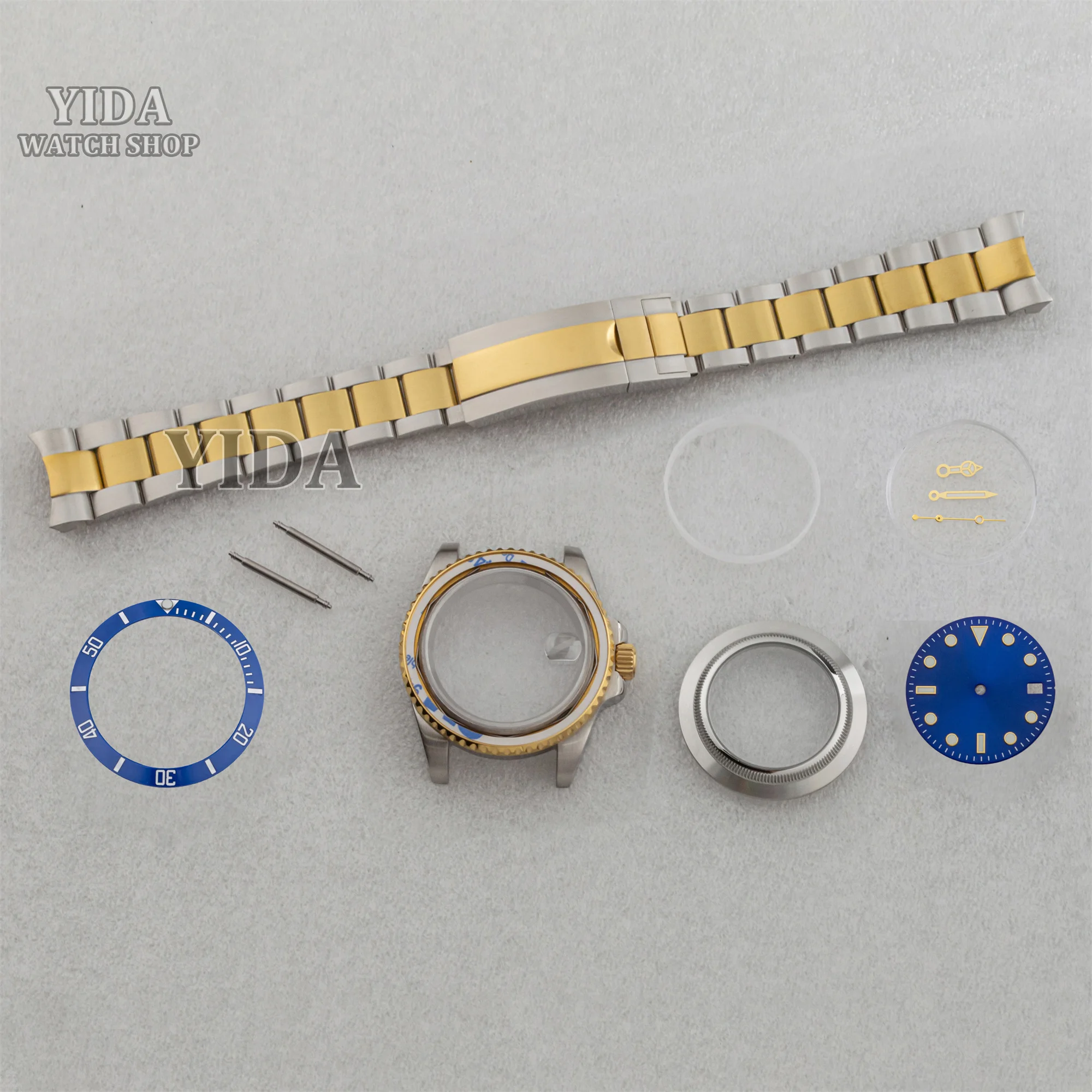 NH35 Cassa 40MM Argento Oro Cassa per orologio in acciaio inossidabile Oyster Band Quadrante Lancette luminose Parte posteriore trasparente per movimento SUB GMT NH34 NH36