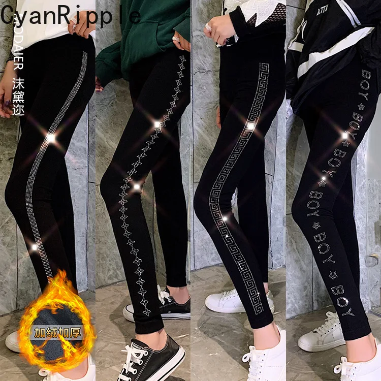 New Autumn Winter Thicken Fleece Modal Leggings High Waist Slimming Skinny Pencil Pants Shiny Hot Diamonds Ankle-length Leggings