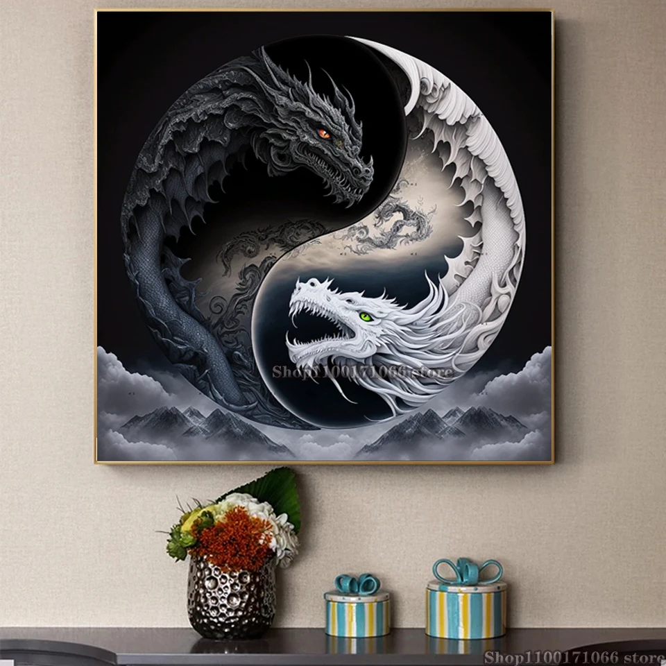 Pełny haft diamentowy zwierząt Yin i Yang wzór 5D Diy diament malarstwo zdjęcia mozaika smok, żuraw, Phoenix Cross Stitch