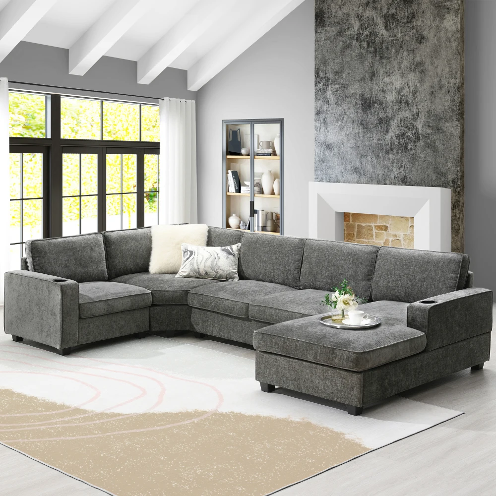 

119''x67'' U-Shaped 6-Seat Chenille Sectional Sofa with Oversized Chaise, Deep Seats, Cup Holders, for Living Room, Apartment