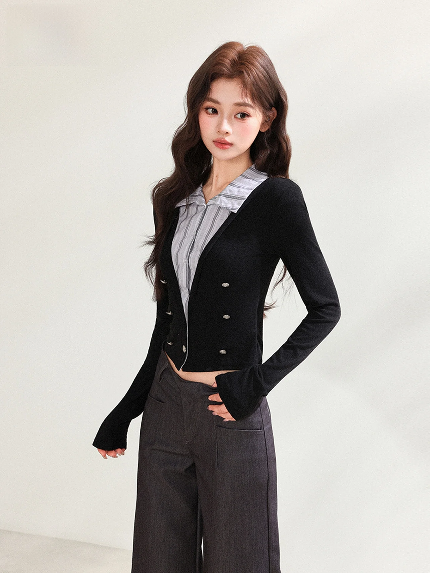 

Deep Grey Academic Style Knitted Sweater Women's Slim Fit Long Sleeve Double Button Cardigan Fake Two-Piece Summer Top