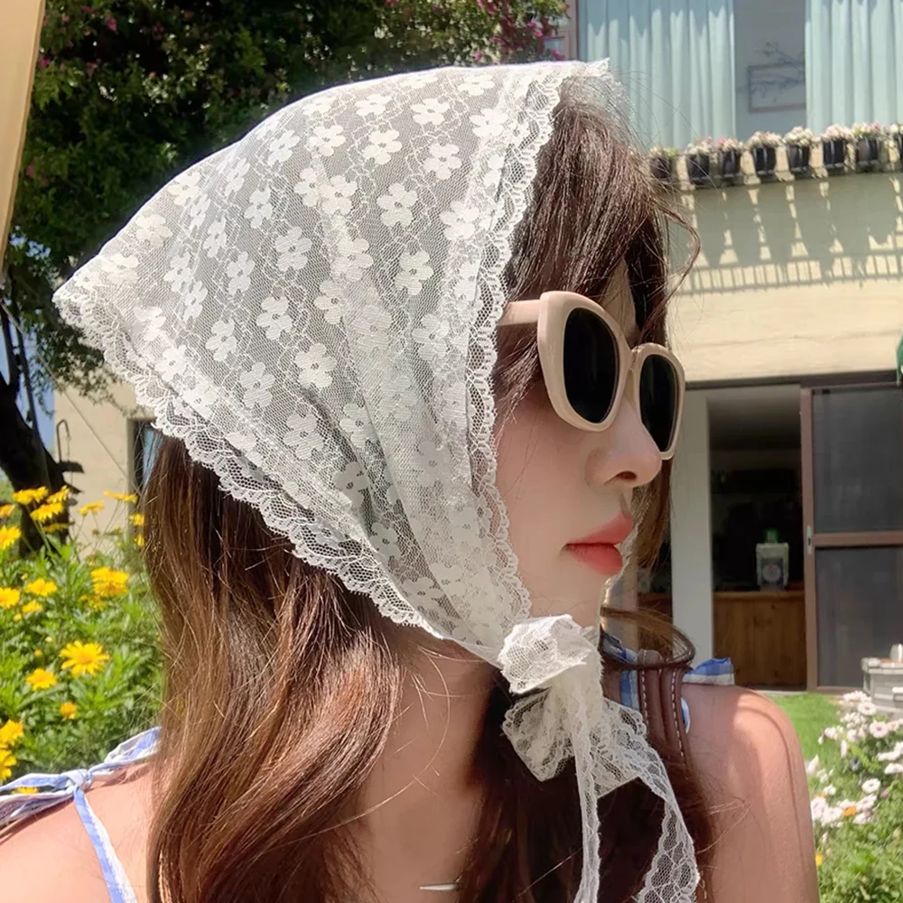 Korean Ins Lace Hair Scarf Women Retro Triangle Hair Band Strap Hair Bag Headscarf Hat Travel Photo Headband Turban Accessorie