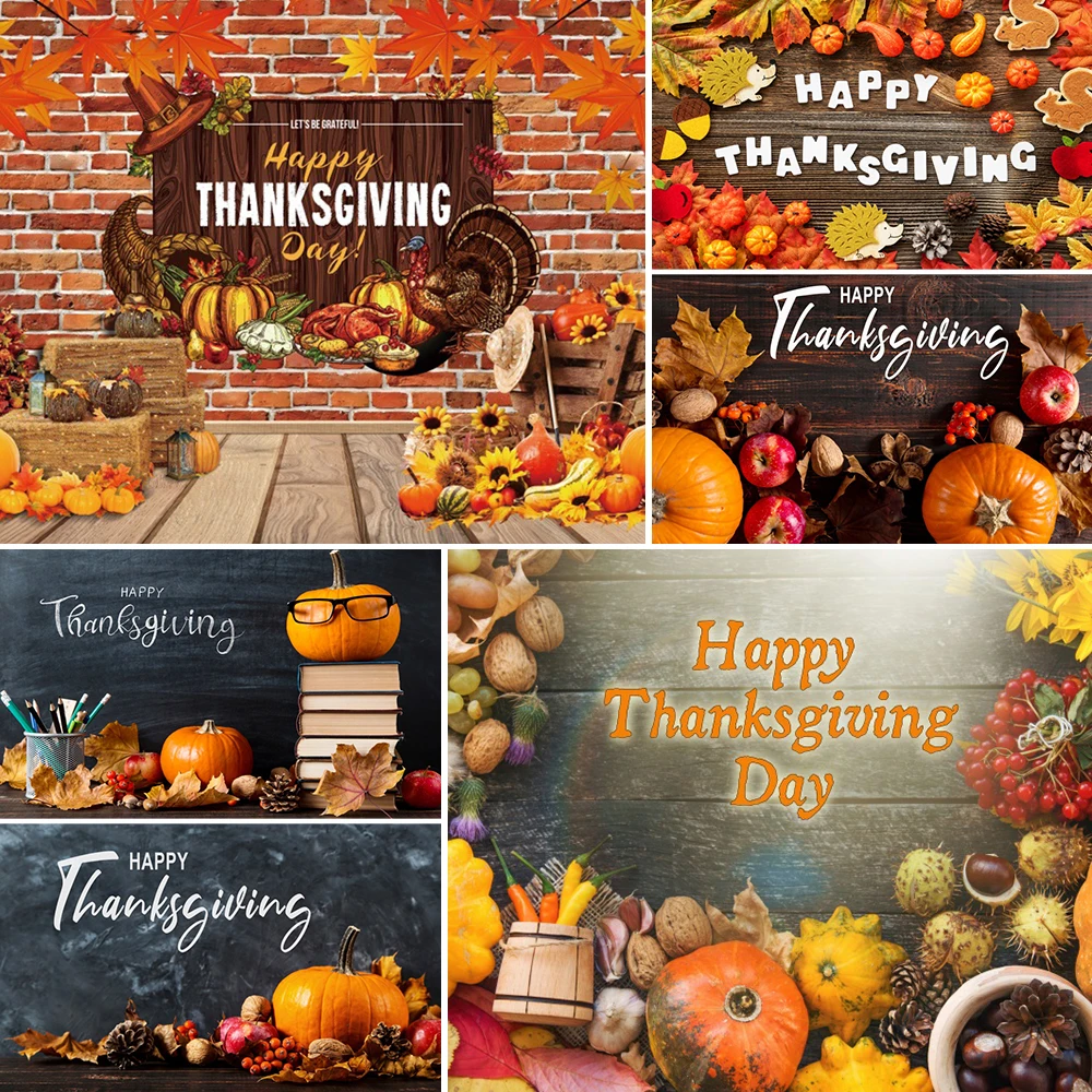 Thanksgiving Fall Photography Background Pumpkin Maple Leaf Plank Vegetable Fruit Child Portrait Family Party Backdrop Canvas