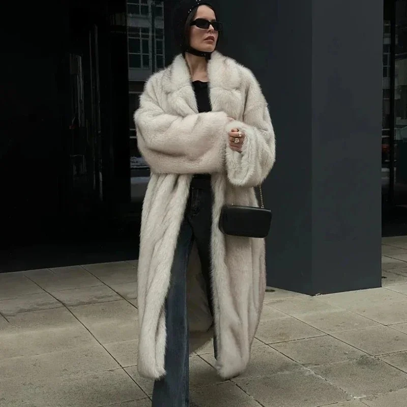 Manteau Long en Faux manches longues pour femme, vêtement d'extérieur quotidien, à la mode, décontracté, à revers, ample et chaud, nouvelle collection hiver 2025