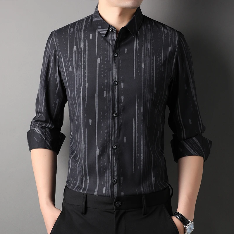 New Spring 2023 Men's Casual Stretch Long Sleeve Shirt Korean Fashion Business Striped Print Slim Fit Shirt Male Brand Clothing