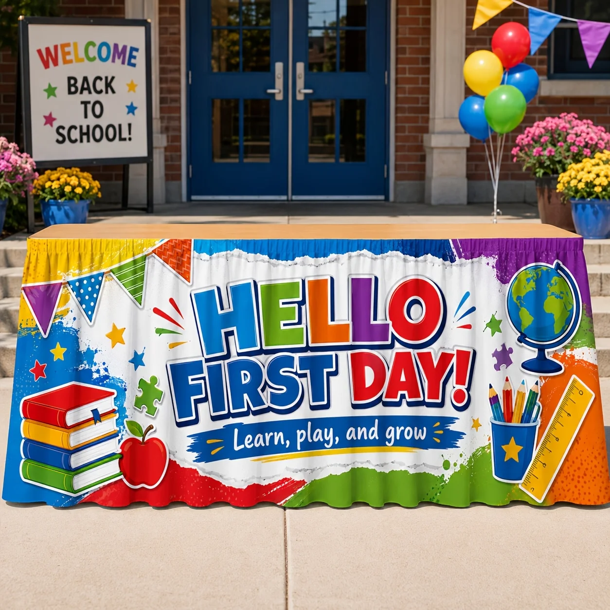 Hello! This theme tablecloth is suitable for the first day of school and is applicable to educational settings.xzj