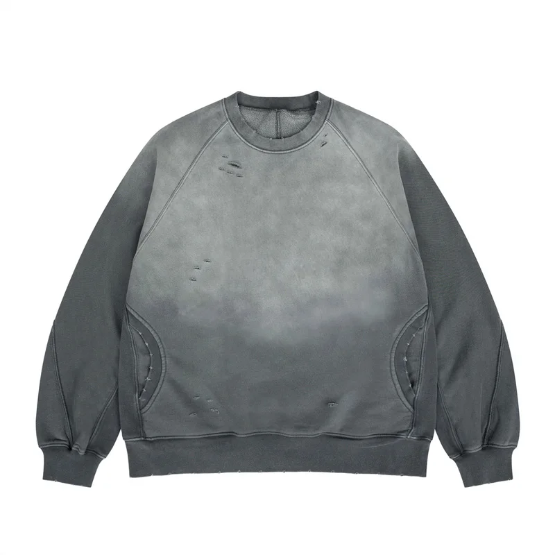 

Washed Vintage Patchwork Ripped Fleece Round Neck Sweatshirts Pockets Men Women American Streetwear Oversized Sweatshirts Kanye