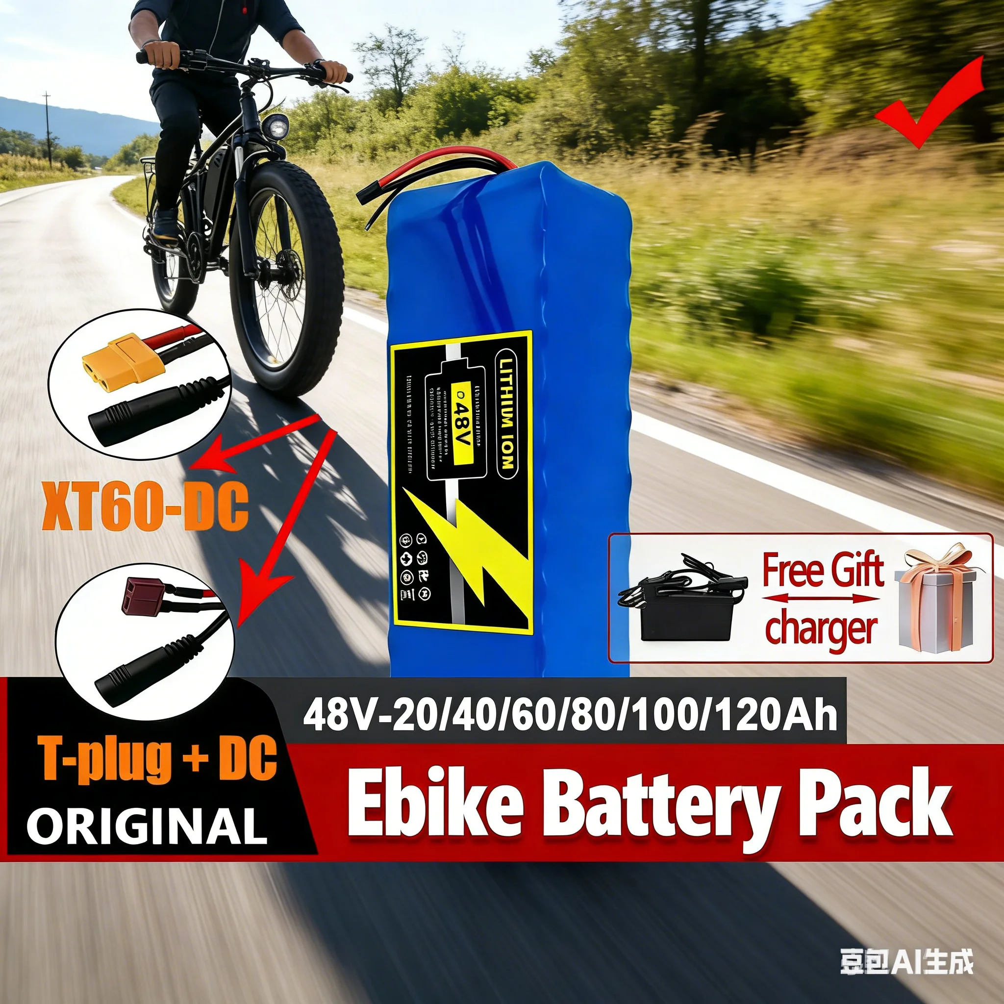 

48V 100Ah 120Ah Waterproof Li-ion Battery Pack for 250W-1000W E-bike Scooter Motorcycle Bicycle with 2A Charger