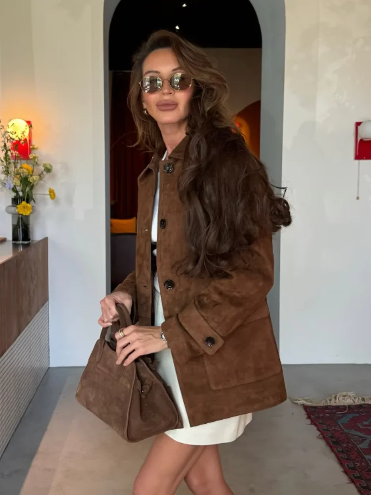 Dámská retro hnědá semišová bunda s klopou, módní celorukávová, jednořadá, s kapsami, volné bundy, 2025, dámské svrchní oblečení na dojíždění, nové - náhled 6