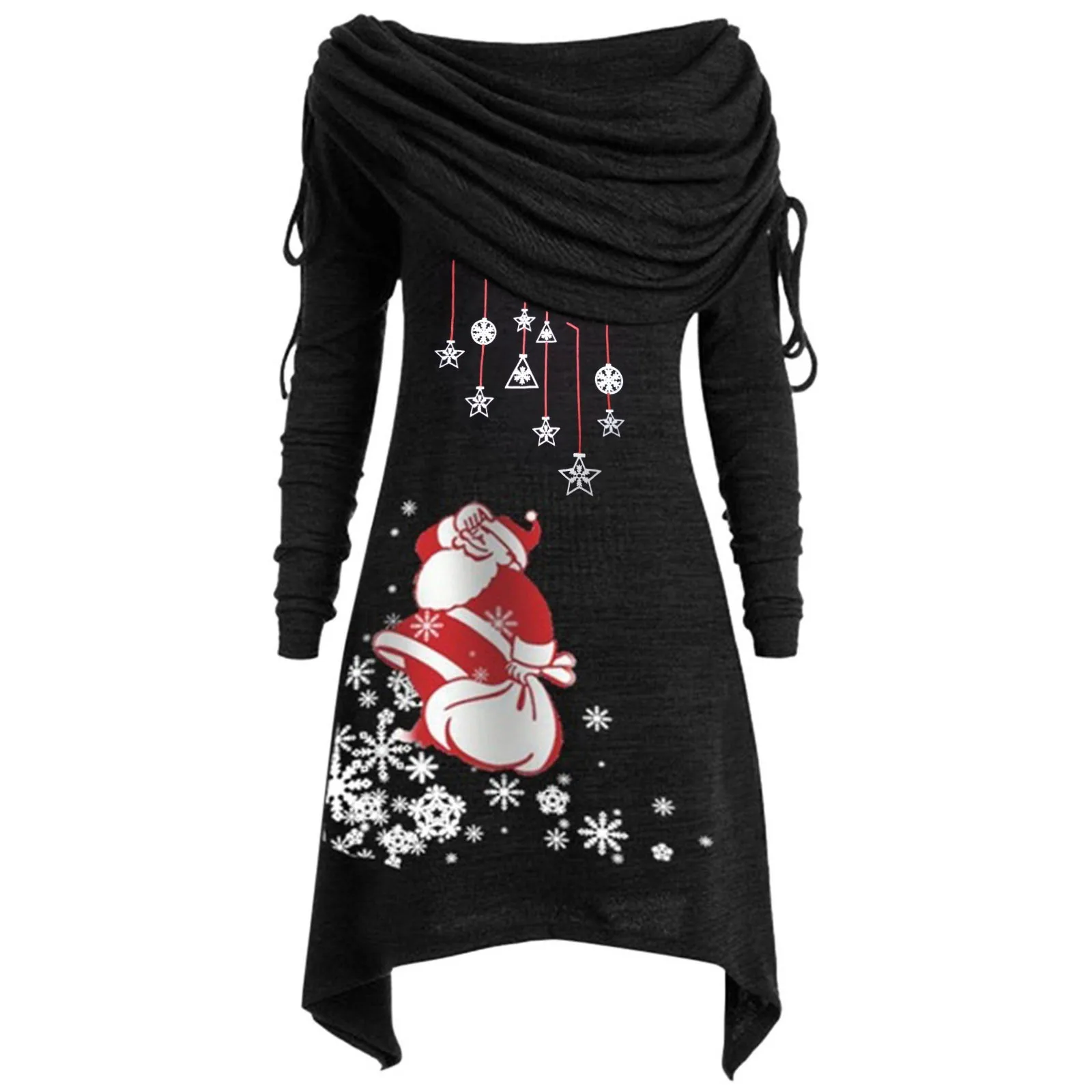 Christmas Santa Snowflake Print Irregular Dress Women Ruffled Collar Casual Holiday Dresses Slim Long Sleeve Autumn Dress