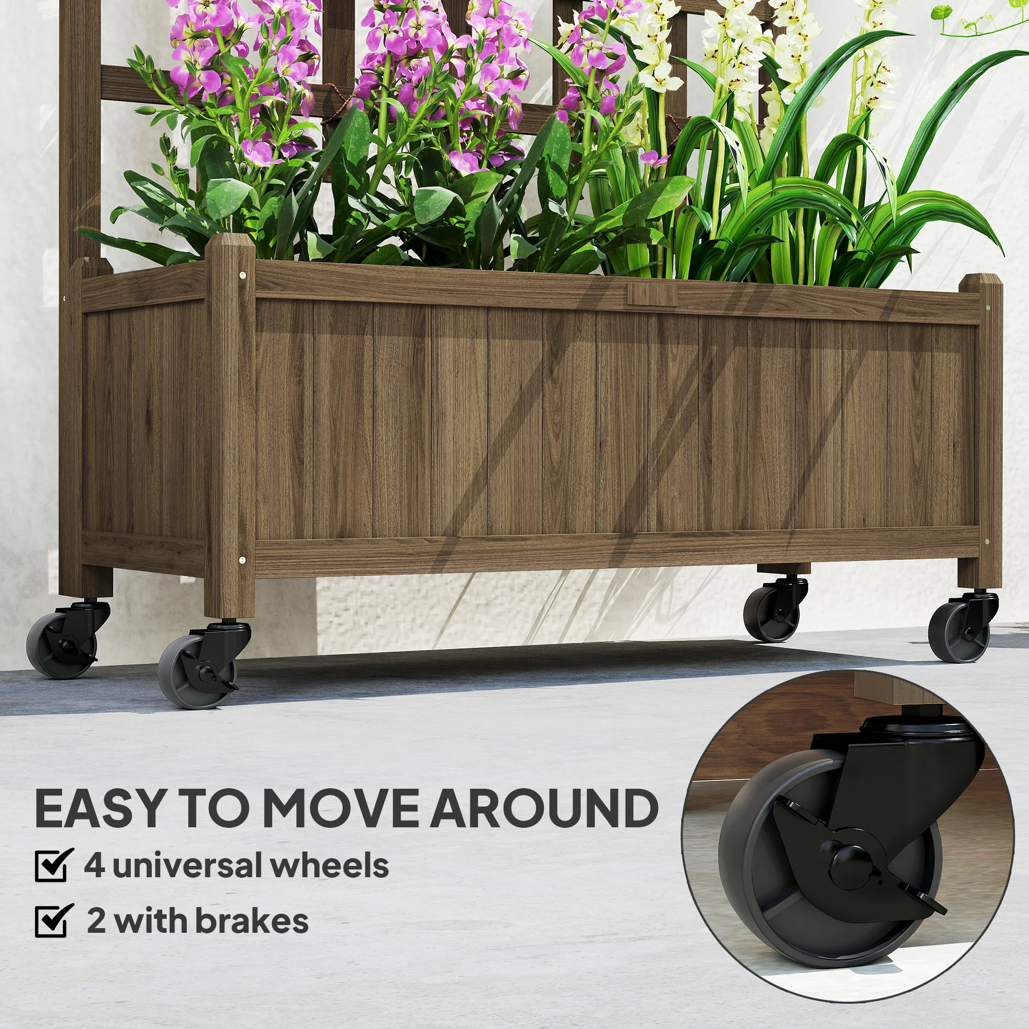 Wooden Trellis Planter, Raised Garden Bed with Wheels and Bed Liner