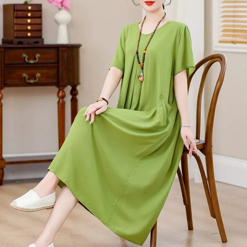 New Summer Cotton Silk Nightwear for Women's Mothers Plus Size 5XL Solid Color Pocket Pajamas Dress Comfortable Cool Sleepdress