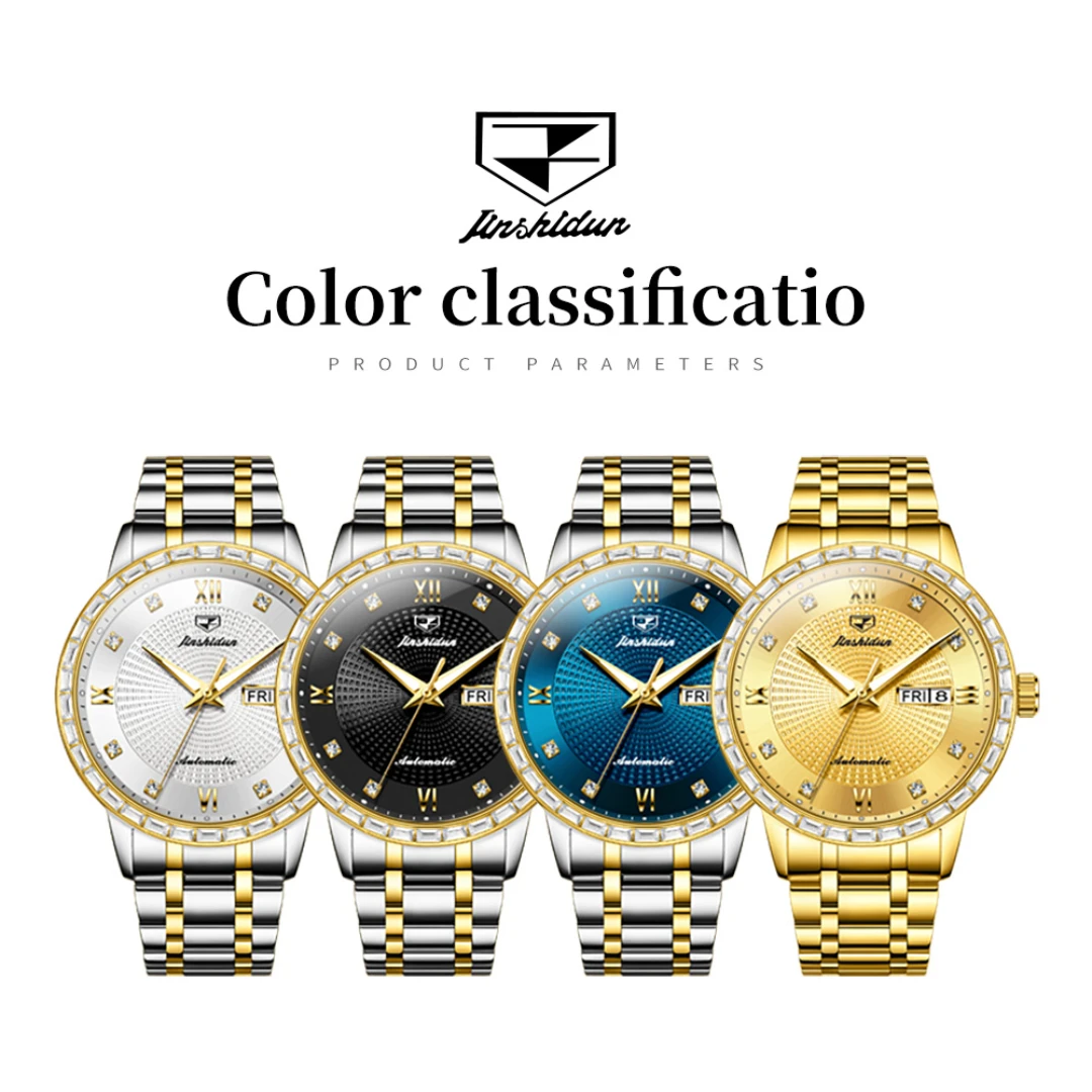 JSDUN 8959 Business Mechanical Watch Gift Stainless Steel Watchband Round-dial Wristwatch Week Display Calendar