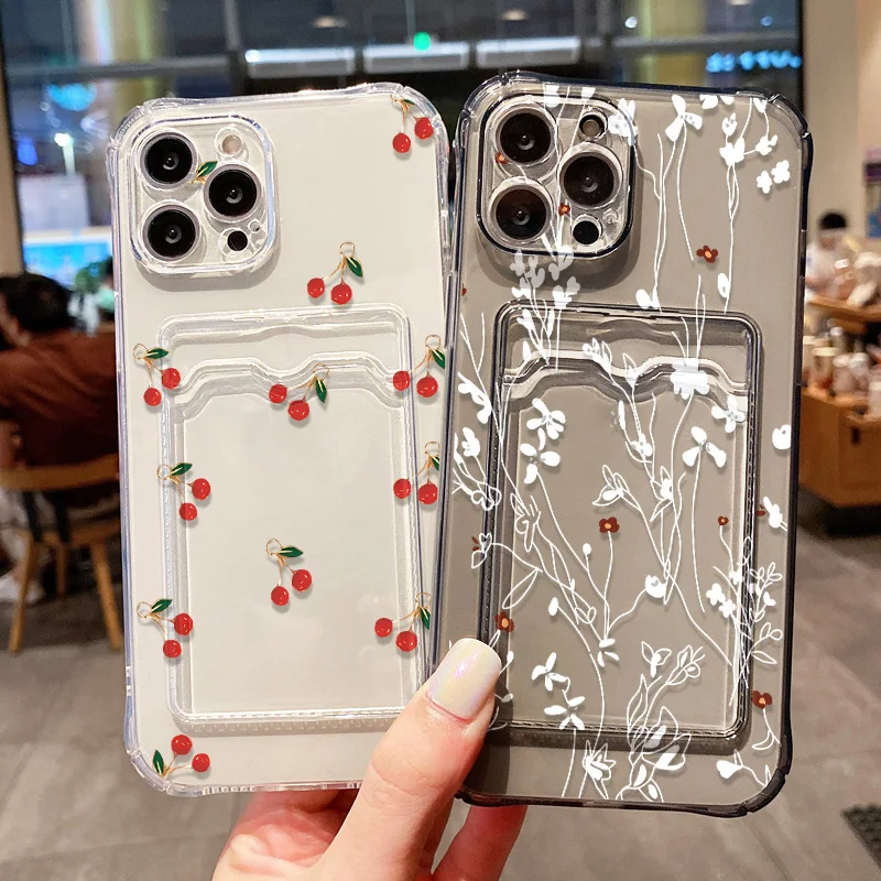 Wallet Card Holder Clear Case For Samsung Galaxy A56 A36 A55 A26 A16 Case S25 Ultra S24 FE S23 S22 S21 Cherry Card Slots Cover