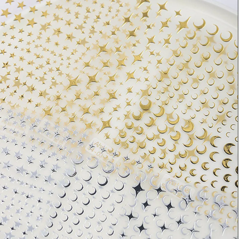 3D Gold Silver Star Nail Art Stickers Black White Crescent Moon Decals Self Adhesive Slider Polish Stickers Manicure Decoration