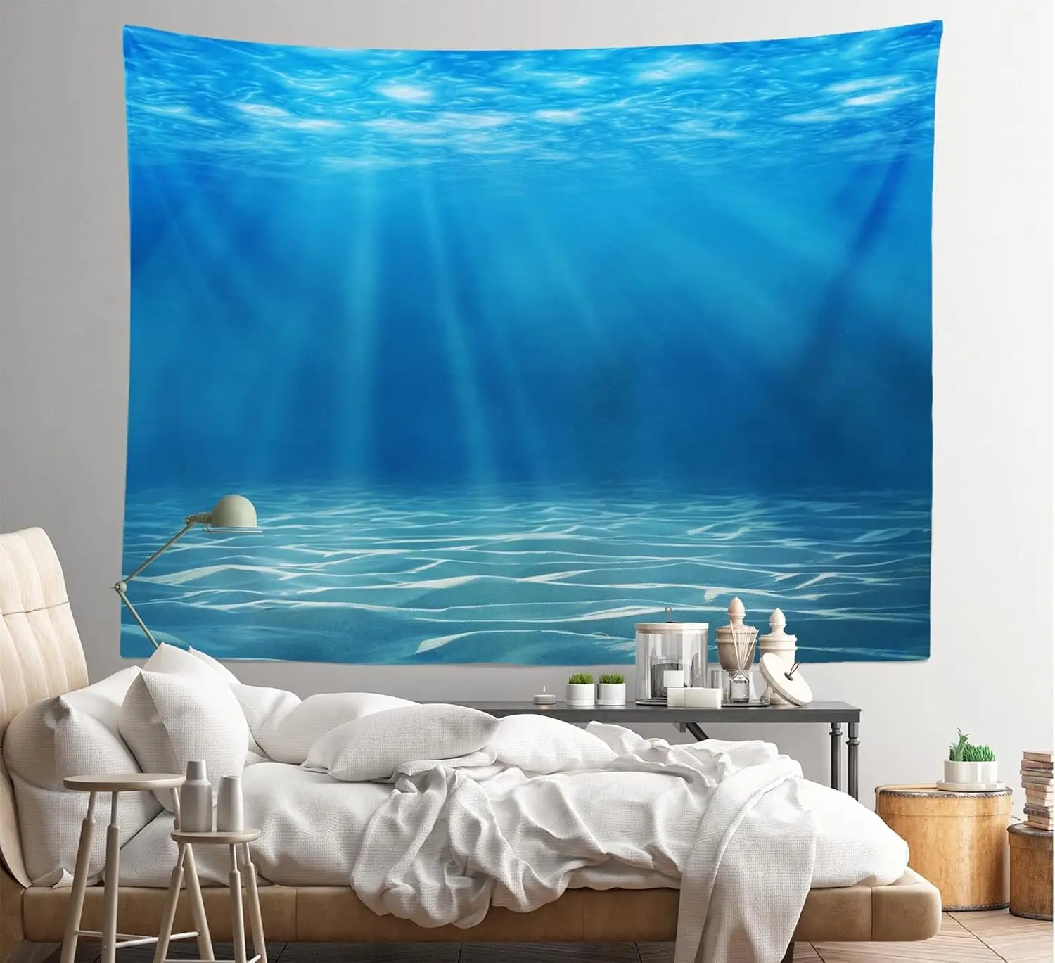 Underwater World Tapestry Deep Blue Ocean Sunlight Gravelly Bottom Scene Wall Hanging Summer Tropical Ocean Tapestry Wall