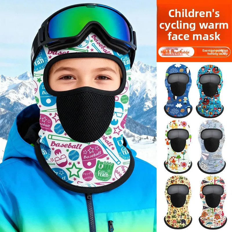 Children's Winter Full Face Cold Proof Head Cover with Breathable Mesh Holes, Penguin Print for Motorcycle Riding