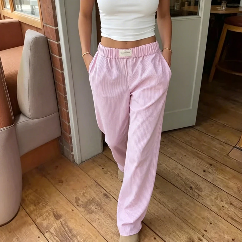 Pink White Stripe Wide Leg Pants Women Casual Elastic Waist Summer Going Out Holiday Trendy Party Evening Look