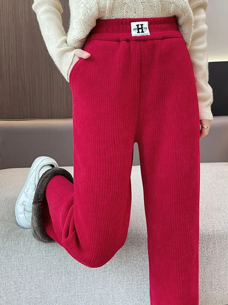 Winter Warm Slim Solid Flare Pants Women Elastic High Waist Fleece Lined Wide Leg Pantalones Casual Snow Wear Thicken Calca New