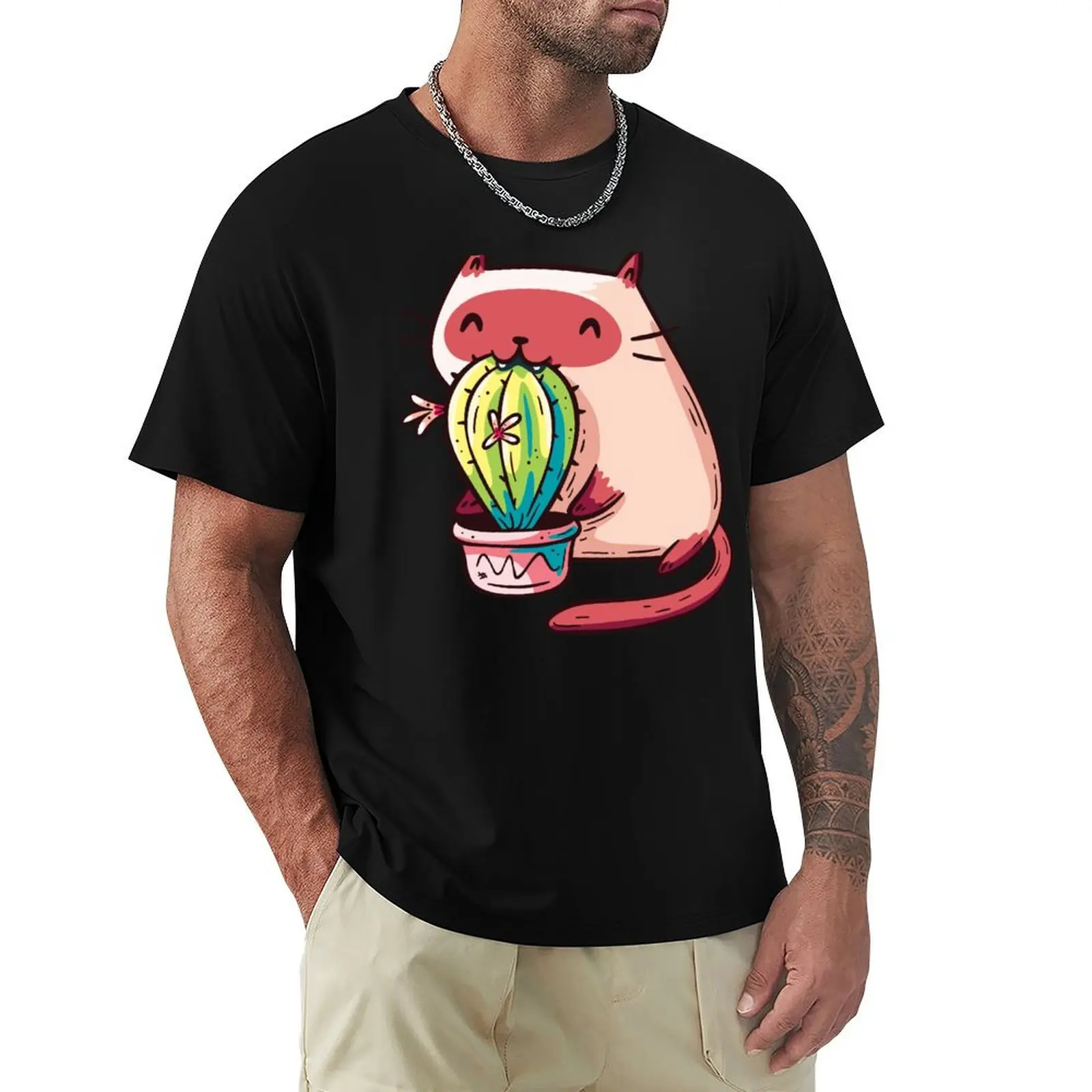 Cat Eating Cactus T-Shirt Daily Wear Plain Short Sleeve Shirt