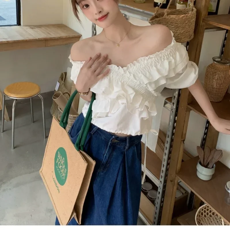 Korean Fashion Ruffled Cross White Shirt for Women's Summer New Style French One Shoulder Off Shoulder Lace Up Short Top