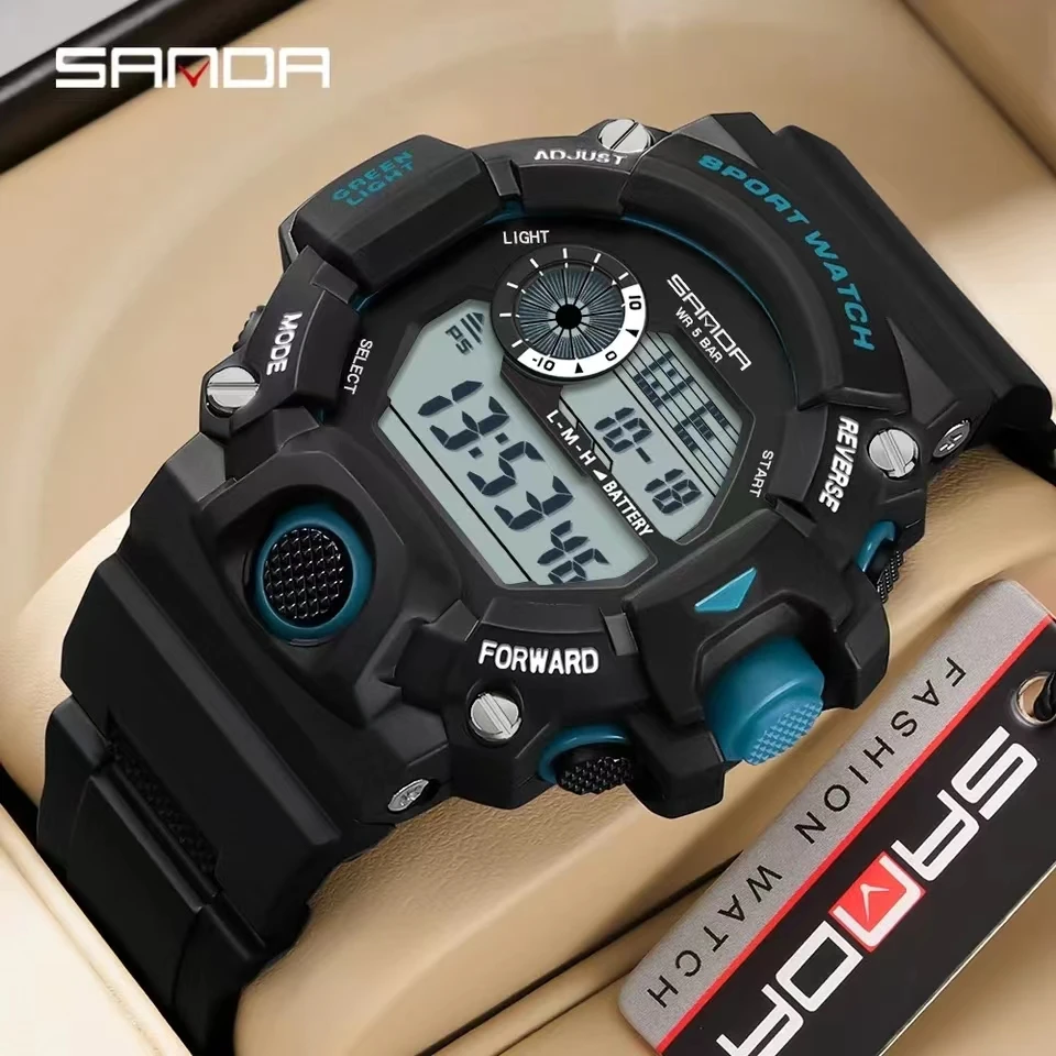 SANDA-Reloj de pulsera para hombre, cronógrafo electrónico con movimiento Digital, esfera luminosa con pantalla Led, resistente al agua, para