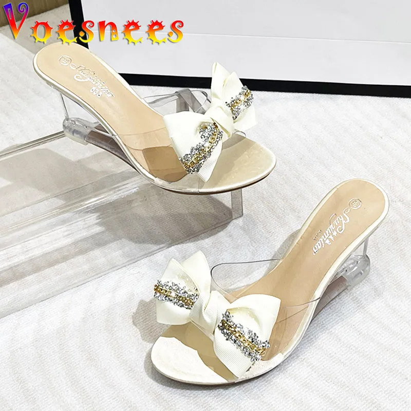 Women Summer Bow Slippers New Casual Outdoors Sandals Small Fresh Rhinestone Trend Fashion Pumps Transparent Wedges Diamond Shoe