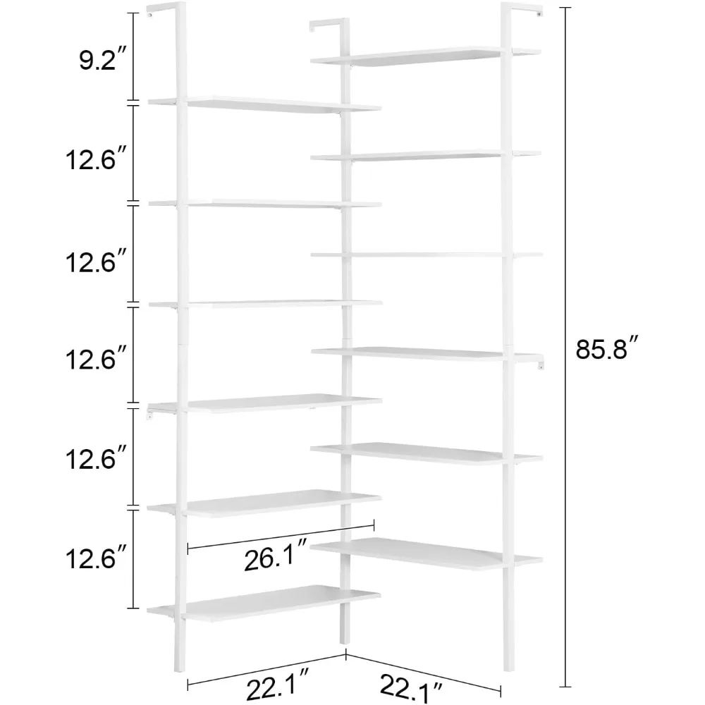 Corner Bookshelf,12-Tier L Shaped, Double Wide Corner Wall Mount with Metal Frame and Wood, Easy To Install, Bookcases