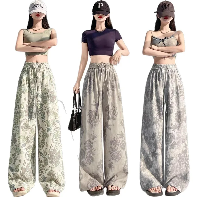 الحرير الجليد القطن الكتان المطبوعة واسعة الساق السراويل الصيف رقيقة تنوعا سراويل تقليدية مريحة عالية الخصر ثنيات السراويل المستقيمة