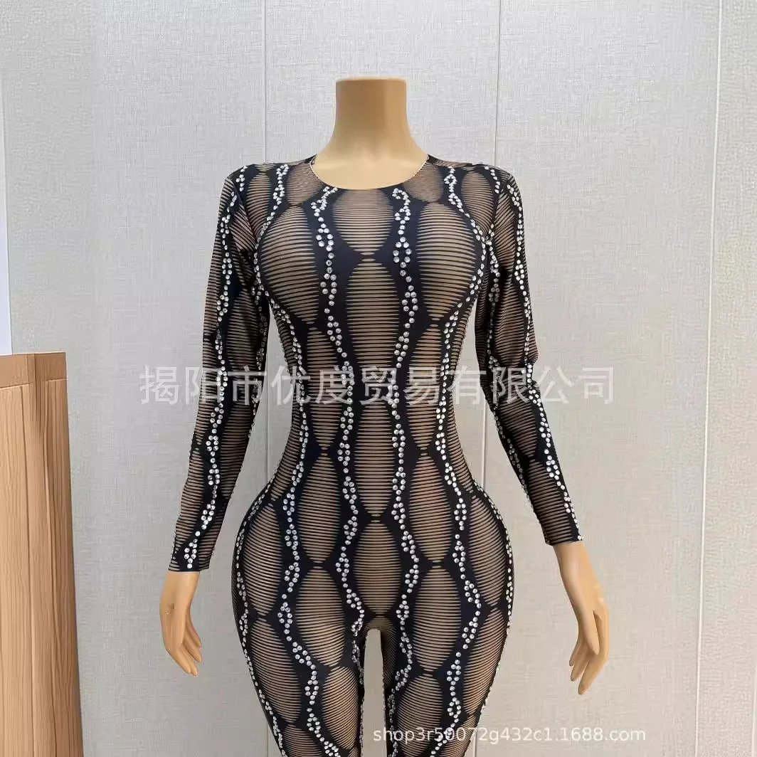 2026Striped Hollow Design Rhinestone Personalized Wind Jumpsuit Women's Night DJ Reception Party Performance Suit Threaded Pants